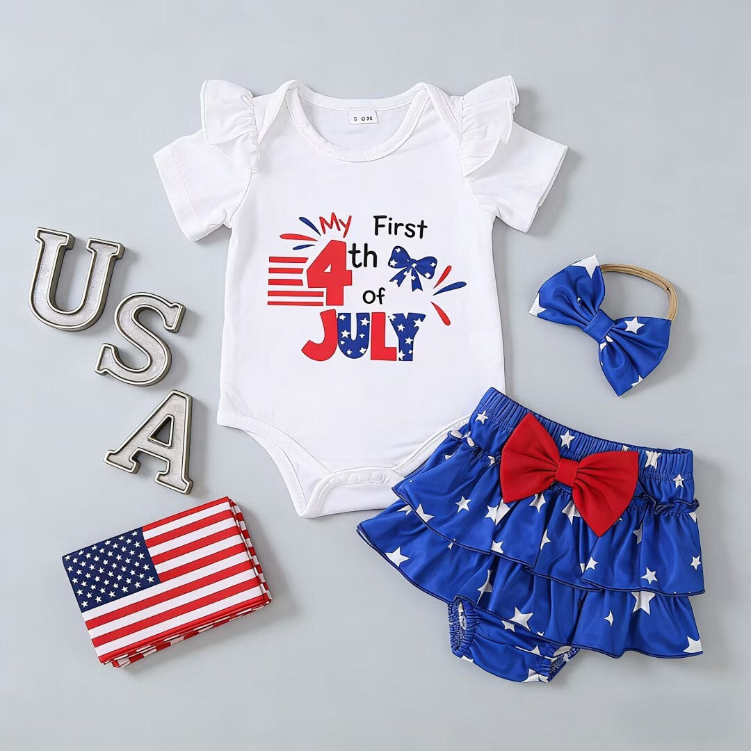 “My First 4th of July”  Baby Girl T-shirt Romper Set-442