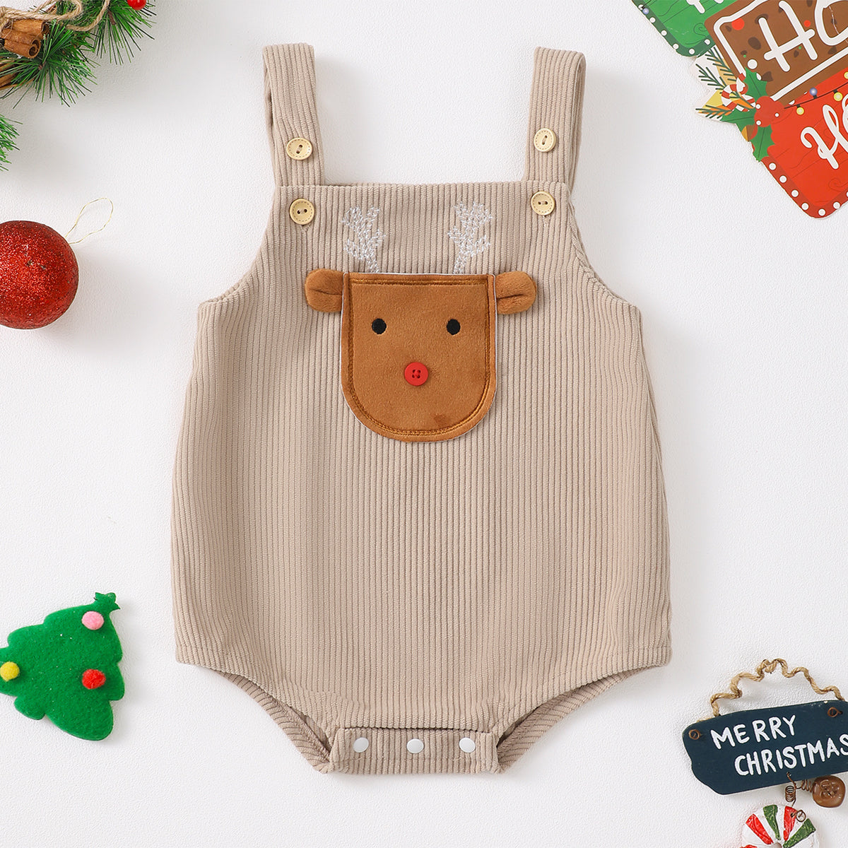 Baby Christmas 3-Piece Set | Cotton Undershirt & Pants + Corduroy Overalls-497