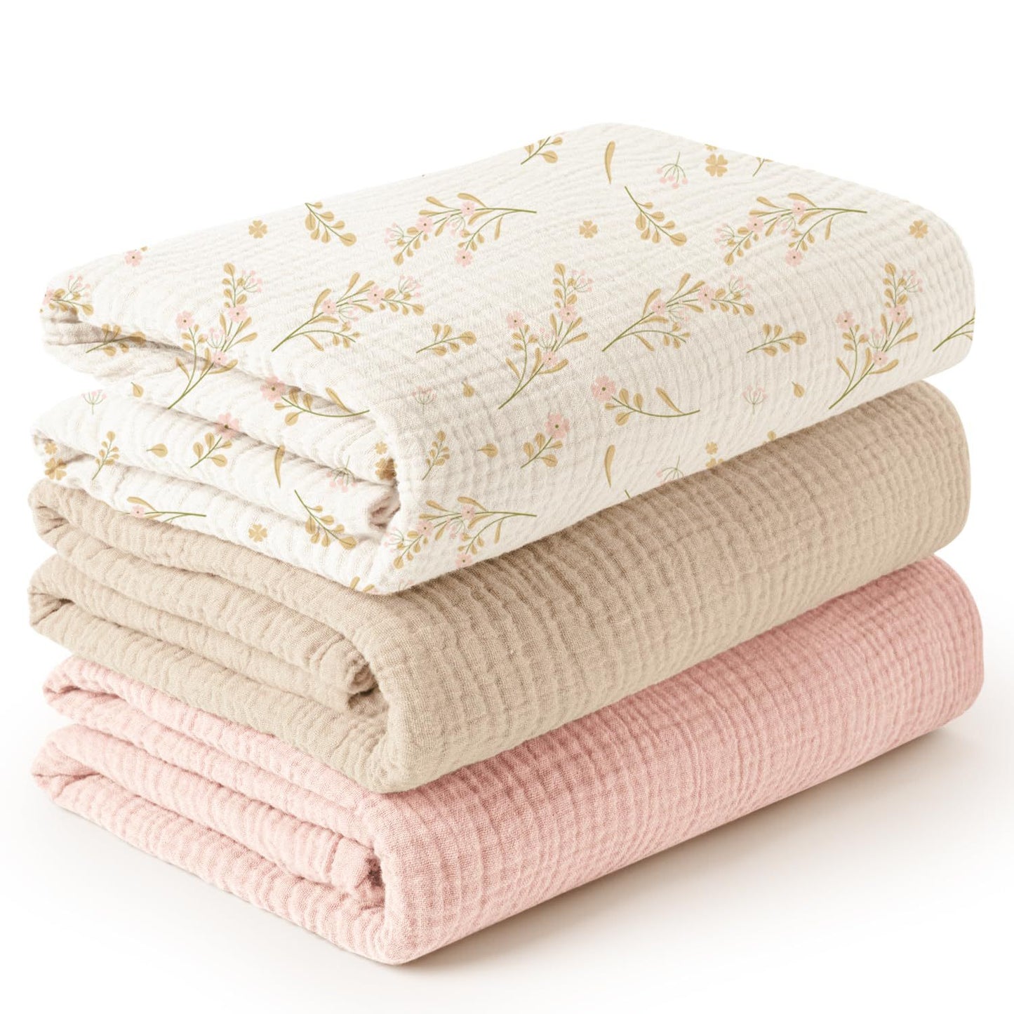 Newborn Swaddle Blanket Set 3PCS | Double-Layer Crinkle Cotton 39"-51