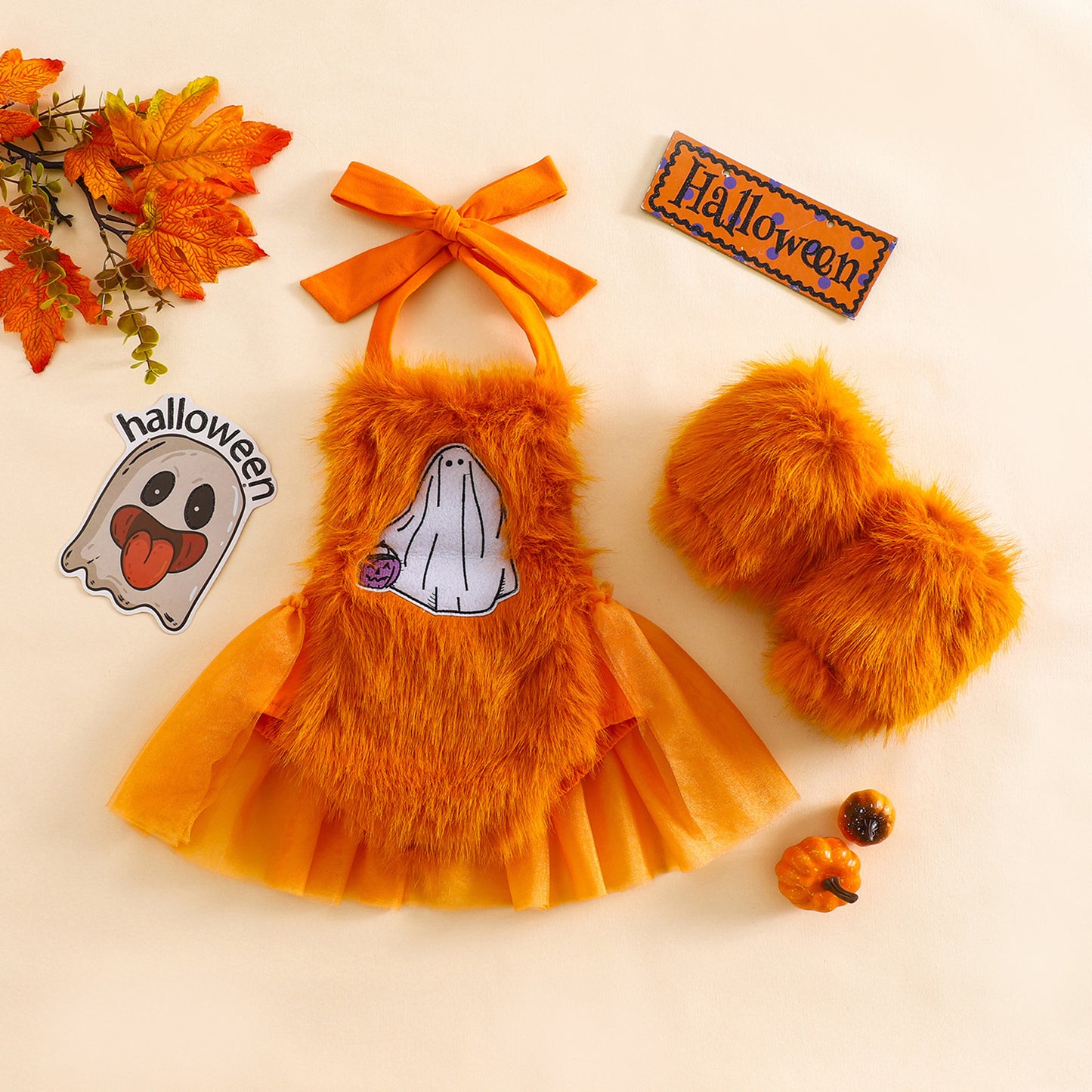 Baby Girl Halloween Fleece Rompers Dress with Gloves-468