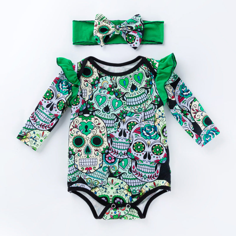 Baby Girl Sugar Skull Halloween Romper with Headband-156