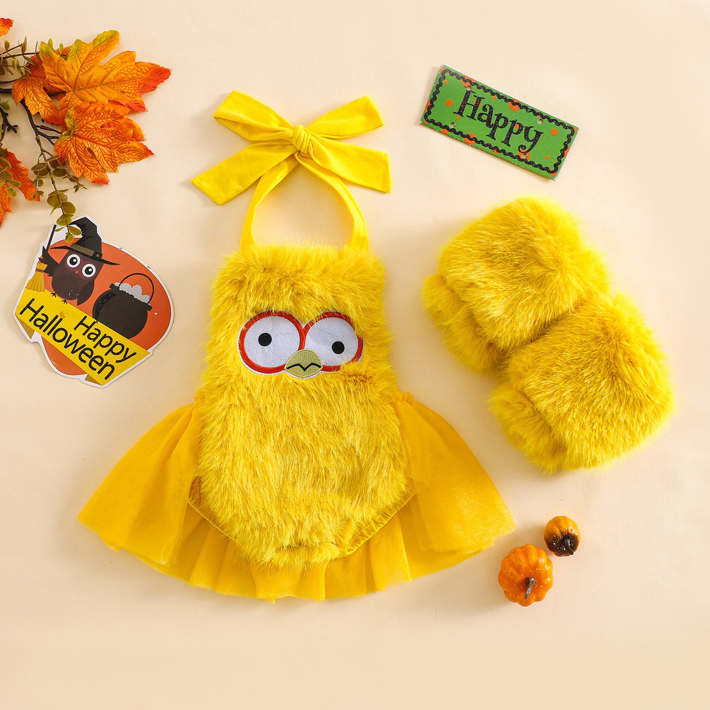 Baby Girl Halloween Fleece Rompers Dress with Gloves-468