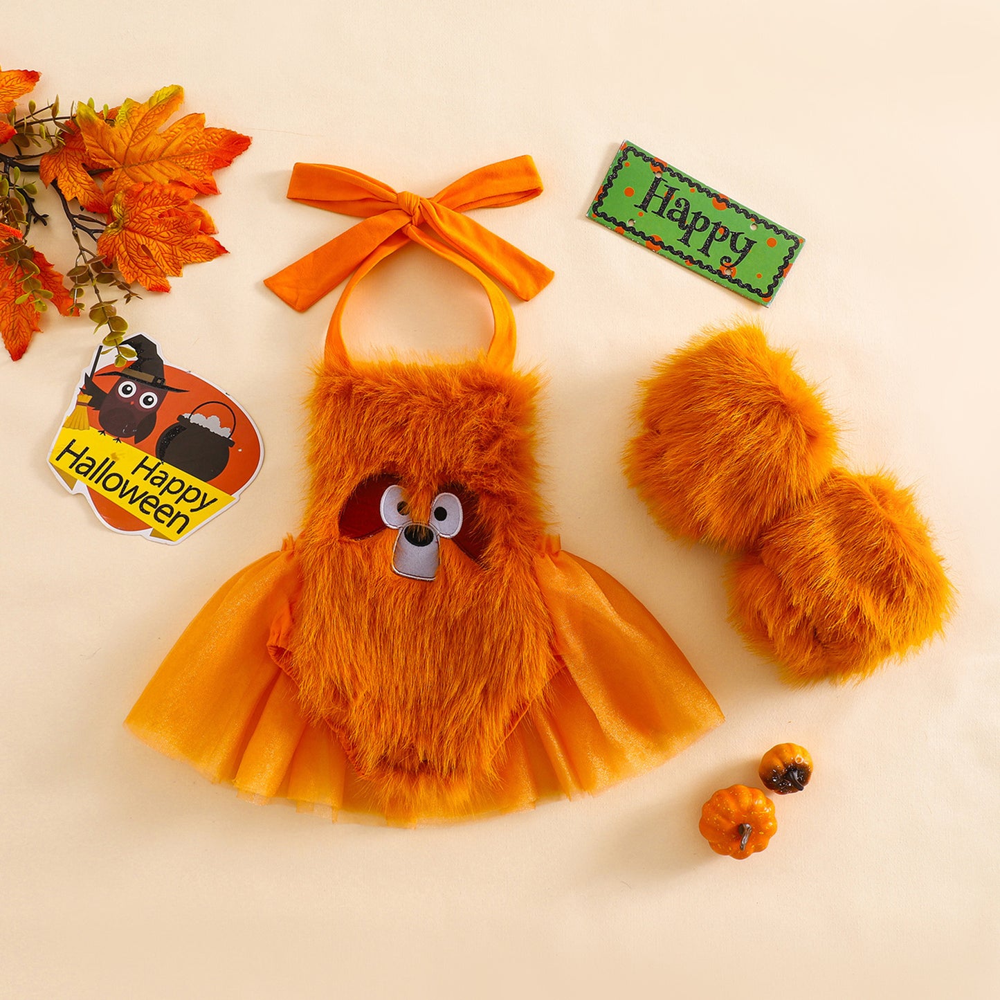 Baby Girl Halloween Fleece Rompers Dress with Gloves-468