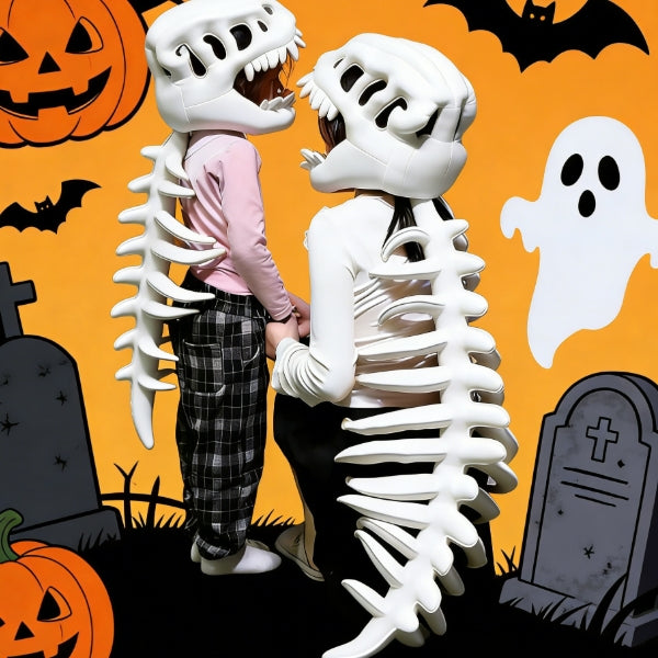 White dinosaur skeleton costume with detachable hood kids Halloween