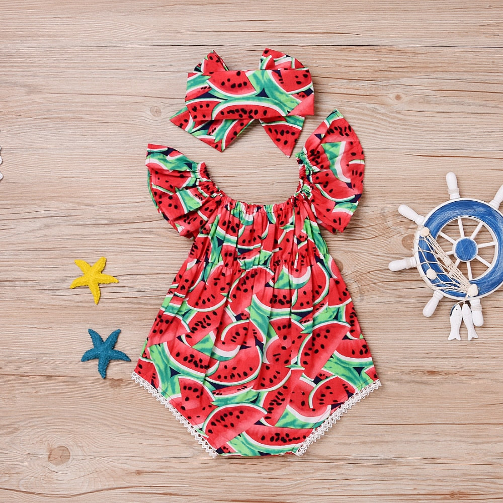 Newborn Baby Girls Watermelons Printed Ruffle Bodysuit with Headband - 117