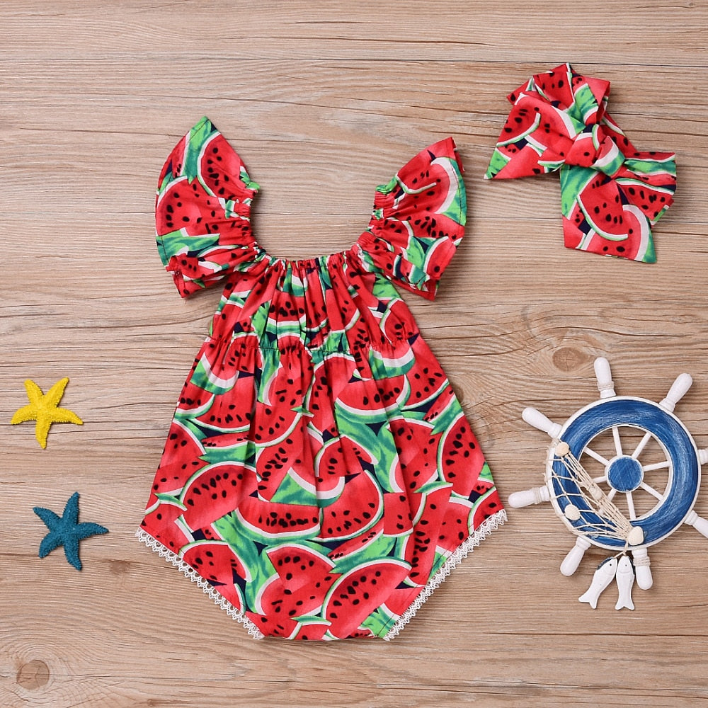 Newborn Baby Girls Watermelons Printed Ruffle Bodysuit with Headband - 117